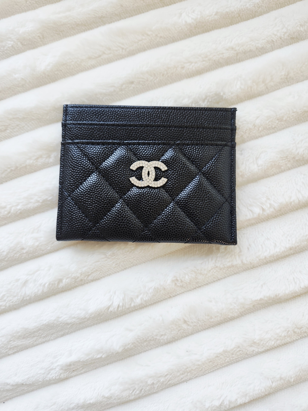 Black Quilted Card & Key Pocket with Silver CC Emblem